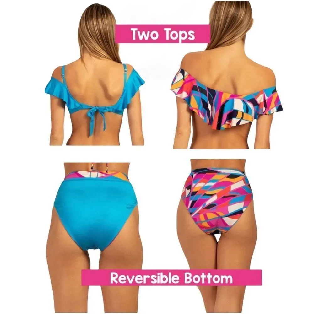 Trina Turk 3 Piece Bikini With REVERSIBLE High Waist Bottom Ruffle Top